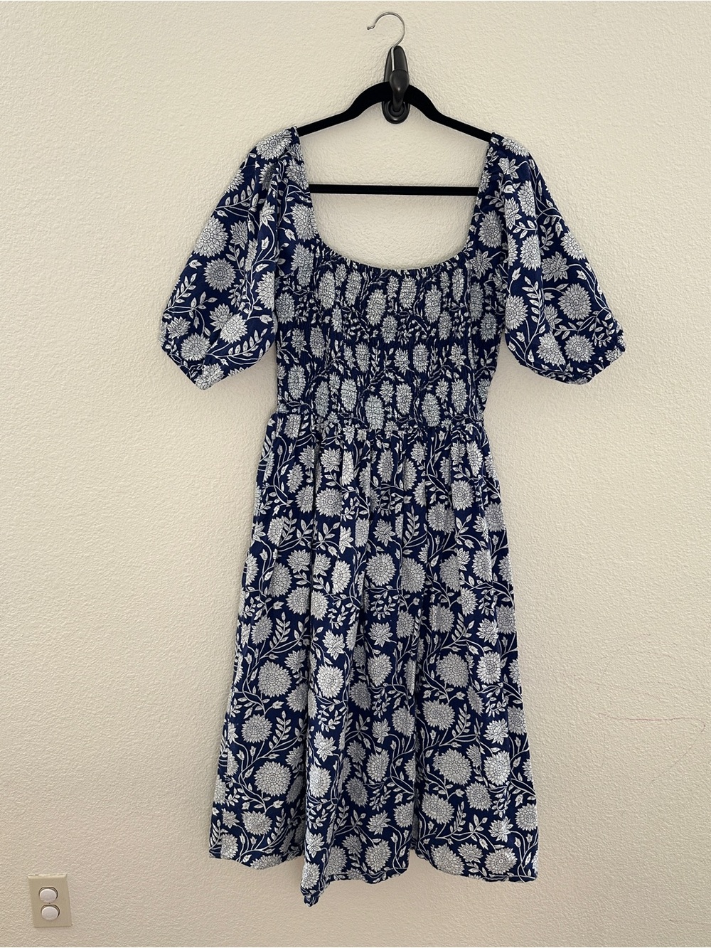Mata Traders Blue Floral‎ Cotton Smocked Midi Dress Cottagecore Boho Pockets L